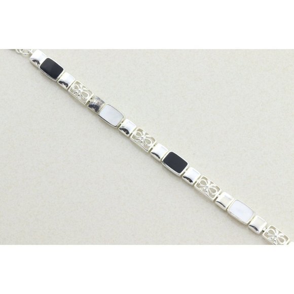 Sterling Silver Onyx and Marcasite Bracelet 7 3/4 inch - Picture 9 of 10